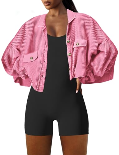 Image of Panadila Women's Cropped Waffle Knit Shacket Short Button Down Jacket Batwing Sleeve Shirts with Pocket