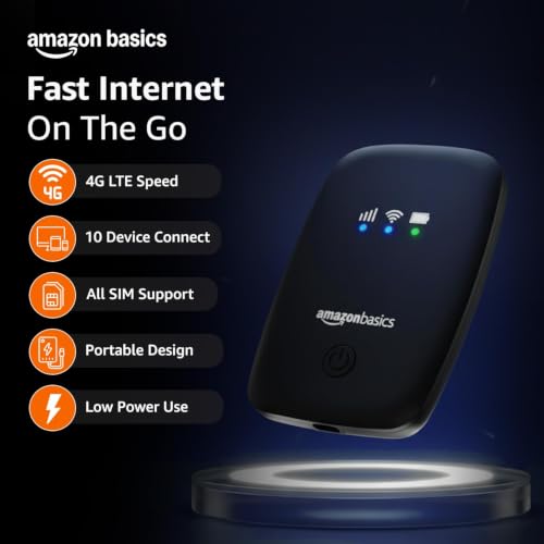 Image of Amazon Basics 4G LTE Wireless Dongle with All Sim Network Support|Single Band Plug & Play Data Card Stick with Up to 150Mbps WiFi Hotspot|2200Mah Rechargeable Battery| Sim Adapter Included (Black)