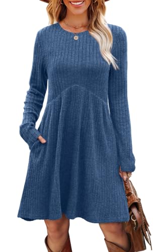 Image of OFEEFAN Long Sleeve Dress for Women Crew Neck Empire Waist Tunic Dress with Pockets