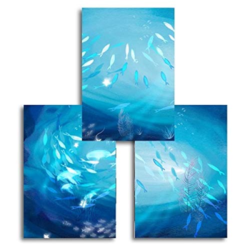 Art mural d'animaux marins et poissons bleus pour salon 50x70cm 3pcs