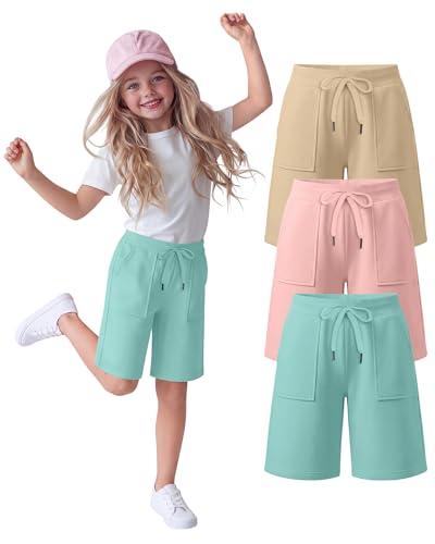 Langyiwee 3 Pack Girls Bermuda Shorts Athletic Knee Length Drawstring Summer Long Shorts with Pockets for 5-14 Years(7-8 Years Apricot Pink Light Gray Green)