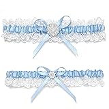 Blue Wedding Garters for Bride, Bridal Garter Set with Rhinestone Pearl Satin Bow (Medium)