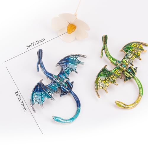 Image of ZORZA 2Pcs Vintage Enamel Dragon Brooch Pin Rhinestone Pterosaur Flying Dragon Brooch Cartoon Style Animal Brooch Personalized Wings Dragon Badge for Hats Collars and Bags(Green+Blue)