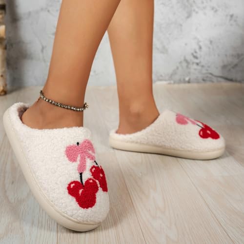 Cute Embroidered Cherry Slippers Women Men Winter Indoor House Shoes Bow Cozy Plush Cotton Thick Sole Warm Couple Slippers4