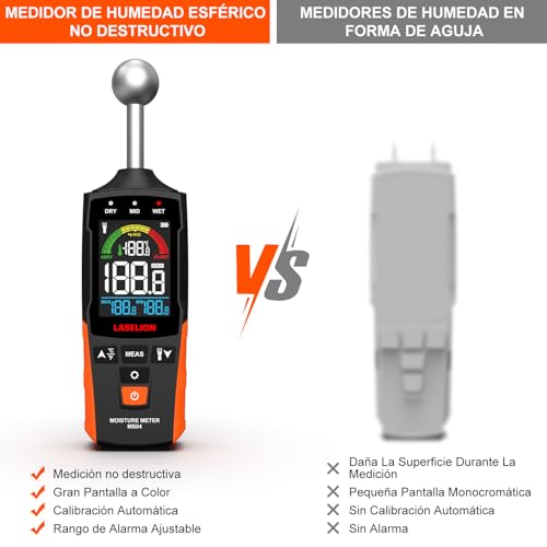 Miniatura 5 de Laselion Medidor De Humedad No Destructivo - Sensor Esférico 5-40mm, Temperatura En Tiempo Real C F , Detecta Humedad Oculta En Madera Paredes Obra, Alarmas Personalizables - Ms04