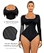 FeelinGirl Long Sleeve Body Suits for Womens Tummy Control Thong Square Neck Tops Daily Life Light Black S