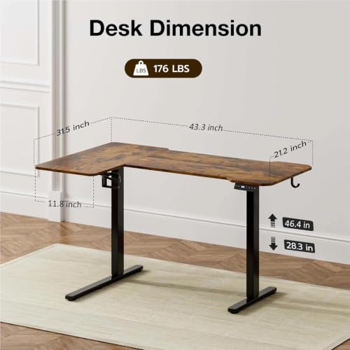 Image of Acrolix L Shaped Electric Standing Desk - 43x31.5 Inch Reversible Corner Sit Stand Desk with Hook&Cup Holder,Electric Height Adjustable Table,for Small Home Office&Bedroom Computer Desk, Rustic Brown