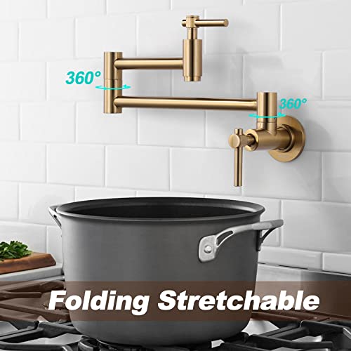 Iviga Wall Mount Pot Filler, Gold Brass Pot Filler Faucet With 2 Handles, Single Hole Stretchable Faucet With Double Joint Swing Arm Pot Filler Above Stove #TOP1