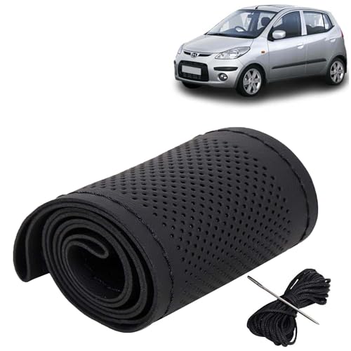 Image of KINGSWAY PU Leatherite Car Steering Cover Sewable Compatible with Hyundai I10 (Year 2007-2010), Black Color with Black Thread, Pack of 1 with Sewing Needle and Thread