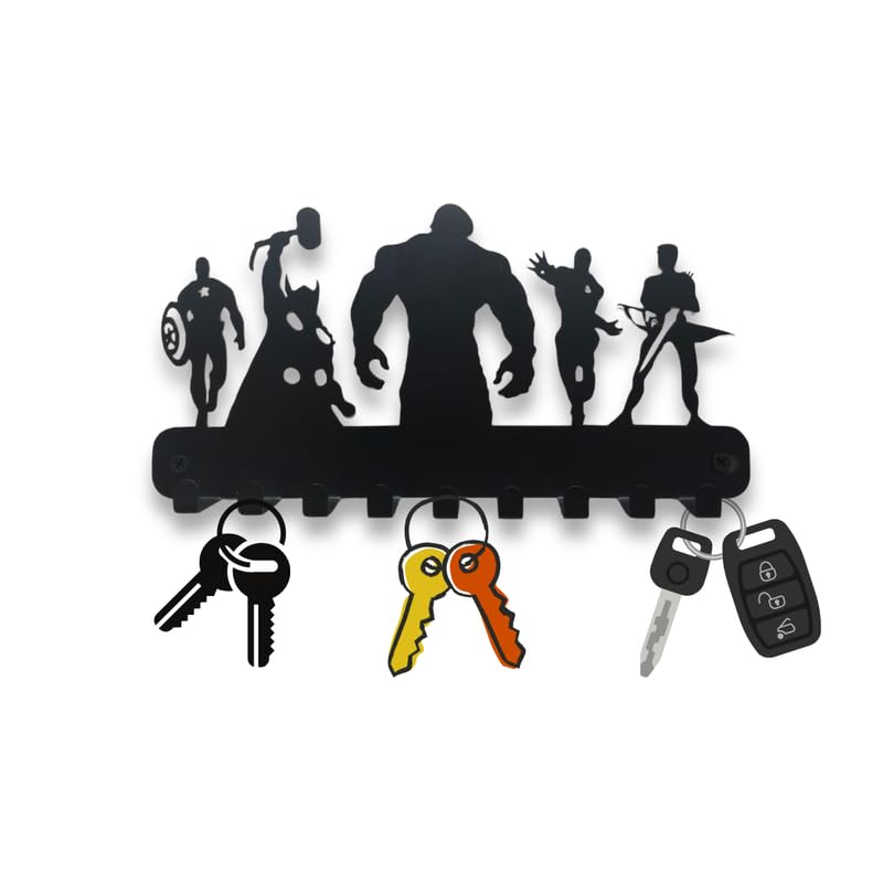 Image of Metal Marvel Avengers Key Holder | Wall Mounted Organizer with 9 Hooks | Decorative Black Powder Coated Key Rack for Entryway, Hallway, Kitchen & Office (25x15 cm)