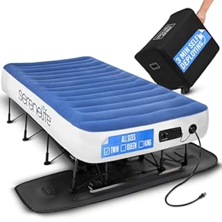 SereneLife EZ Bed Air Mattress with Frame and Rolling Case, Self-Inflating Airbed with Built in Pump for Travel and Hosting, Twin