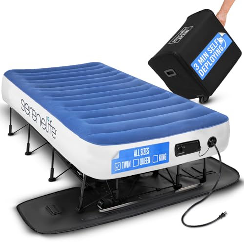 SereneLife EZ Bed Air Mattress with Frame and Rolling Case, Self-Inflating Airbed with Built in Pump for Travel and Hosting, Twin