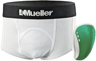 Mueller Athletic Support Brief with Flex Shield Cup, White/Green, Peewee Regular