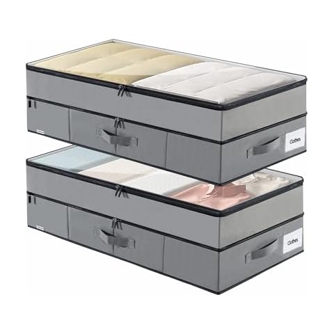 Supowin Large Under Bed Storage Containers, 2-Pack Double Layer Underbed Storage Bins with 3 Handles, 70L Extensible/Closed Clothes Storage Organizer with Sturdy Bottom Sidewalls, Dark Grey Cover
