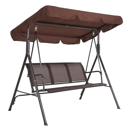 Porch Swing with Adjustable Canopy for Adults 3-Seat Outdoor Waterproof Textilene & Steel Frame Patio Swing Bench for Backyard Lawn Garden Brown, Text