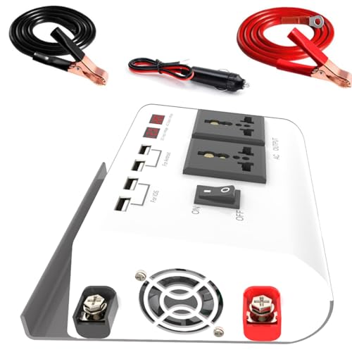KRYANFEN Inversor 12v 220v Conversor 12v a 220v 300W 12V DC a 220V AC Convertidor con 4 Puertos USB 2 Tomas Función de Soporte Teléfono para Vacaciones Camping Coche 12V-220V