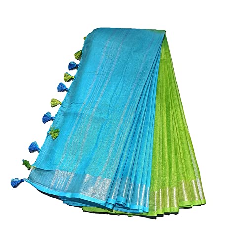 Charkha SilkP.W.C.S LTD_Handloom Women's Linen Slub Saree Two Dye Dual Color Plane Silvar Zari Border Simple And Sober With Running Blouse