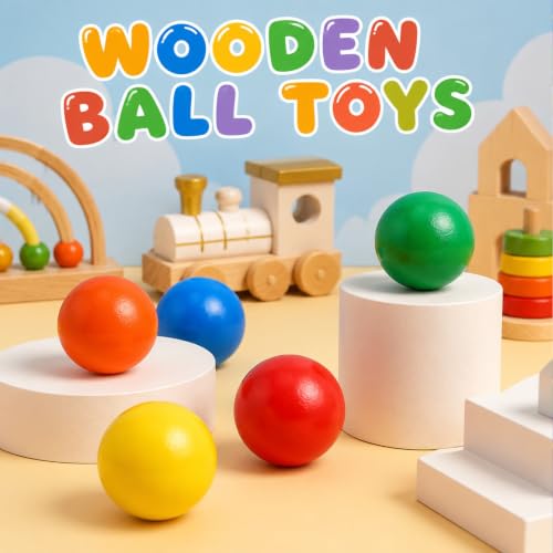 Image of Bucherry 6 Pcs Montessori Wooden Balls 1.8 Inch Wooden Replacement Ball Educational Counting Toys Preschool Learning Material and Stacker Matching (Bright Color)
