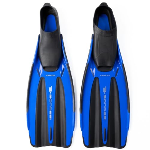 Bonassi Orca Fins - Blue Color - Size 9 - Great Adult Full Foot Pocket fins for Swimming, Diving, Snorkling and Spearfishing - Made in Italy