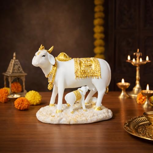 Image of ARMONIA Kamdhenu Cow with Calf Idol for Home Decoration | Dust Marble Finish Polyresin Gau Mata Statue | Vastu & Feng Shui Good Luck Showpiece for Living Room, Pooja Room | Wedding & Housewarming Gift