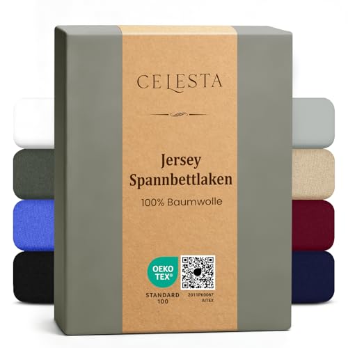 CELESTA Spannbettlaken 140x200cm 100% Baumwolle Oeko-TEX Zertifiziert Jersey Spannbetttuch 140x200 Matratzenhöhe bis 25 cm für Boxspringbett Dunkelgrau