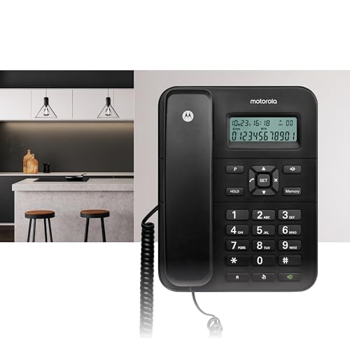 Motorola Voice – CT202 Schnurgebundenes Telefon, 10 Speichertasten, Freisprecheinrichtung, Wartemusik, Anrufer-ID, Wahlwiederholung der letzten Nummer – Schwarz