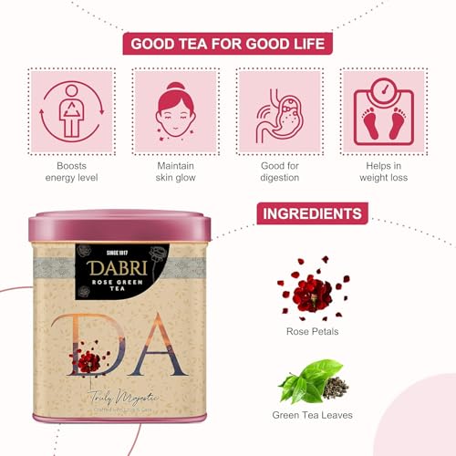 Image of Dabri Rose Green Tea Loose Leaves 80gm|Pack of 2 x 40gm Each Pouch| For Glowing Skin & Hair (Men & Women) | Natural Rose Petals | Antioxidant-Rich | Organic Blend | Relieves Stress & Manage Weight