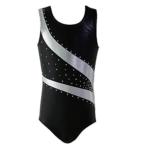 Girl Shiny Stripes Metallic Athletic Ballet Dance Tank Gymnastics Leotard Outfit White Bars Black Size 8