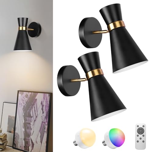 Image of Battery Operated Wall Sconce Set of 2, Modern Decor Black with Gold Rechargeable Wireless Sconce with Remote Control, Dimmable 10 Colors 5200mah Adjustable Battery Wall Light for Bedroom Living Room