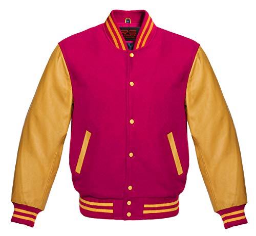 Varsity Jacket Letterman Baseball College Jacket Fashion Hot-Pink Wool Body And Gold Leather Sleeves Jackets XS-5XL