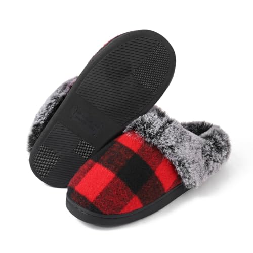 House Slippers for Woman Men, womens Checkered Slippers on House Shoes Cozy Memory Foam Scuff plaid Shoes with Fuzzy Faux Fur Comfortable Non-Slip Warm Fuzzy indoor outdoor