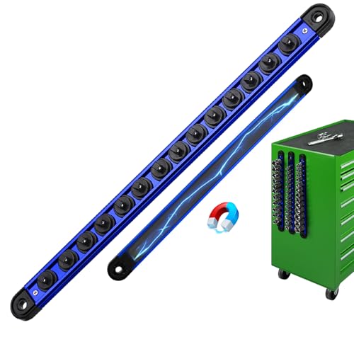 1/4-inch Magnetic Socket Organizer Rail Aluminum Alloy Socket Rail Heavy Duty Sockets Holder with 14 Clips 360 Swivel Clip Tool Tray Sockets Organizer for Tool Box Drawer (Blue)
