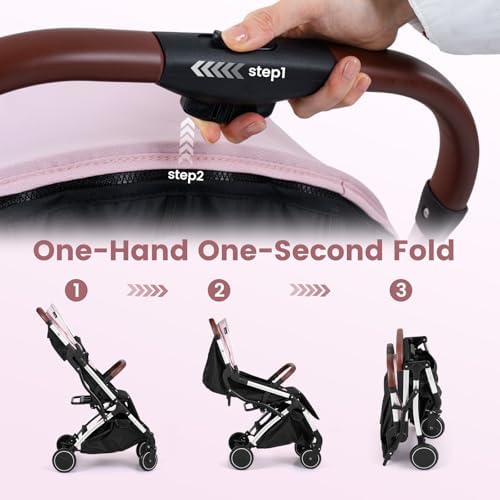 INFANS Travel Stroller, Lightweight Compact Baby Stroller for Airplane with One-Hand Fold, Multi-Position Recline, Canopy, 4 Wheel Suspension, Storage Basket (Pink+Silver) - 4
