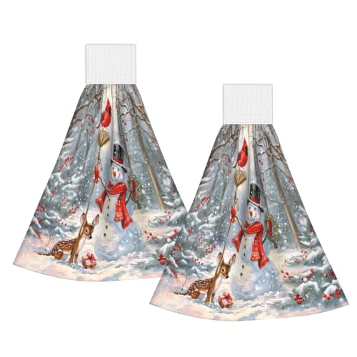 Giwawa Winter Snowman Hanging Hand Towels Set of 2 Red Bird Berry Dish Tea Bar Tie Towel Absorbent Soft Fingertip Washcloth for Kitchen Bathroom