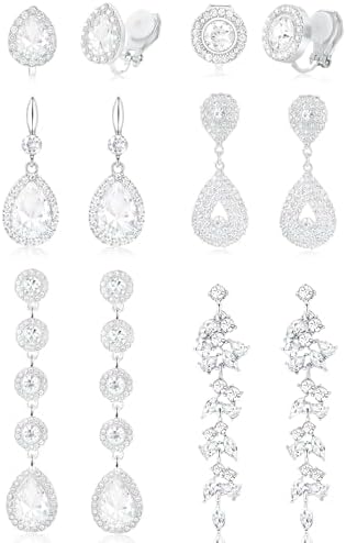Clip on Earrings for Women Non Pierced Long Tassel Teardrop Chandelier Dangle Drop Earring Rhinestone CZ Earrings Clip Wedding Party Prom Stage Jewelry for Brides Bridesmaids Silver Plated