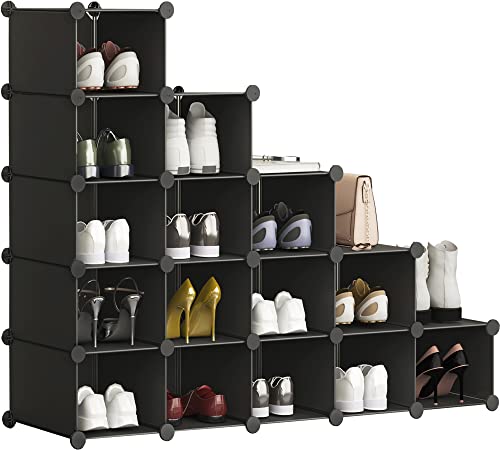 HOMIDEC 16 Cube Interlocking Shoe Rack, DIY Modular Shoe Storage, DIY Wardrobe Closet Organiser Shoe Shelving Storage Unit Cabinet Space Saving For Hallway Closet Bedroom