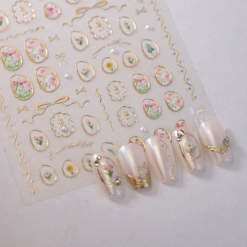 Flower Nail Art Stickers 5D Embossed Nail Stickers Tulip and Gold Hollow Nail Decals for Nails Art Designs Self-Adhesive Nail Art Supplies for Women Girls Summer DIY Manicure