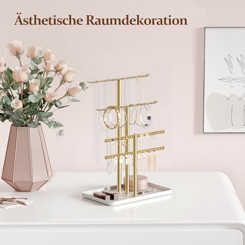 Schmuck Organizers, Schmuckständer 32cm Groß, 4 Ebenen Robust Schmuckaufbewahrung Reise, Schmuckschrank für Halskette, Armband, Parfüm und Ohrringe, Deko Aesthetic Accessoires, Gold/Weiß – Bild 5
