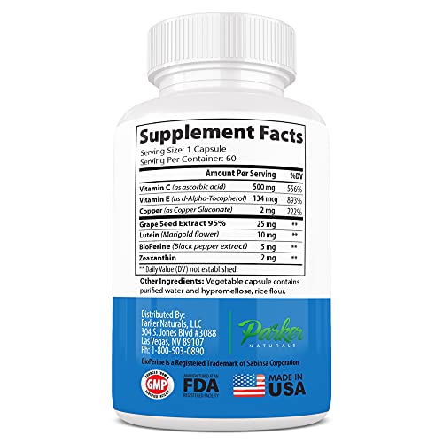 Parker Naturals Optimal Eye Health Eye Vitamin And Mineral Supplement Packed With Vitamins C & E, Grape Seed Extract, Bioperine, Lutein, Zeaxanthin. 60 Day Supply #TOP2