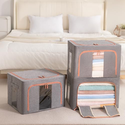 GuliPostan 3 Pack Clothes Storage Bins with Metal Frame，Foldable Storage Bins with Lids Zipper Clear Window Reinforced Handles，Stackable Storage Box Organizer for Clothing Bedding，Grey 100L by GuliPostan - Image 3