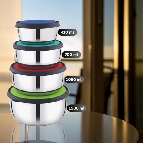 Image of Double Mould Stainless Steel Storage Container Set in Multi Color - 4 Pieces 410ml+700ml+1050ml+1500ml, 3 Pieces Airtight Leak Proof Lids | Kitchen Food Storage Bowls (1, Multicolor)