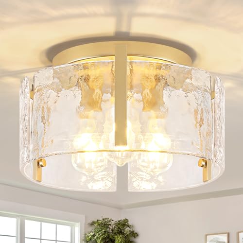 15'' Modern Gold Semi Flush Mount Ceiling Light, 3-Light Glass Drum Light Fixtures, Ceiling Lights...
