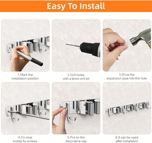 Image of Enclave Stainless Steel Mop and Broom Holder Wall Mounted Adhesive Storage Solutions for Broom mop etc, Garage Storage Systems Broom Organizer. (3 RACK 4 HOOK /SILVER, PACK OF 2)