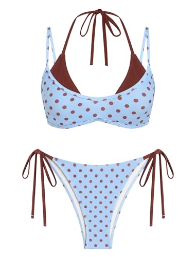 Image of ZAFUL Women's Polka Dot Bikini Set Double Layer Halter Swimsuit Colorblock Side Tie 2 Piece Bathing Suit