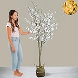 6ft Light Up Cherry Blossom Tree with Lights & Plant Basket, Tall Fake Tree, Artificial White Decorative Tree, Japandi Home Decor Living Room, Sakura Tree, Arbol De Cerezo Artificial Grande