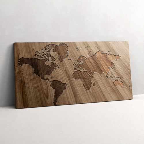 Carte du monde sur bois peinte sur toile Wallfluent de 100x50cm pour decoration murale