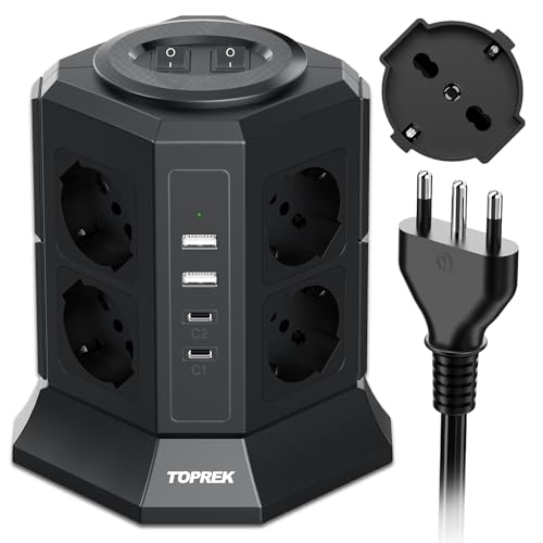 TOPREK Multipresa Verticale con 8 Prese Universali ITA 10/16A e Schuko e 2 USB C e 2 USB A (C1 20W PD3.0 Ricarica Rapida), 4000W/16A, Ciabatta Multipresa con 2 Interruttore, 2M Cavo, Spina 16A
