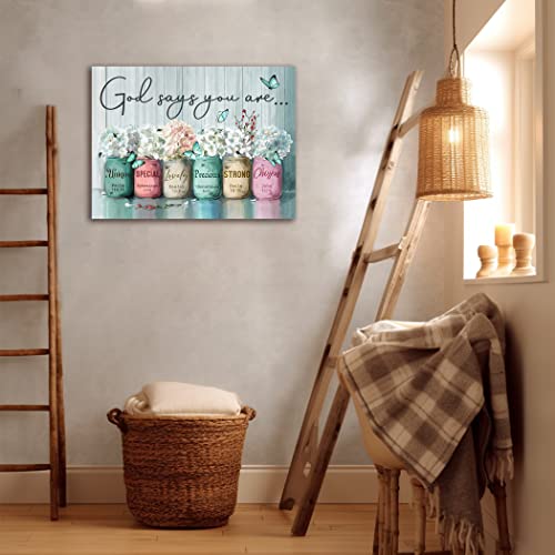 Inspirational Canvas Wall Art Encouraging Bible Verses Wall Decor Marson Jars God Says You Are Wall Art For Home Office Dining Religious Pictures Bathroom Wall Art Framed 12X16 Inch (Teal) #TOP3