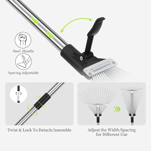 Verbreiterter Laubrechen 22-44cm,Gartenrechen mit 2.15M Verstellbare Metallstange und Handschuhe,Laubbesen,Fächerbesen Metall,Laubfächer,Rasenrechen für Reinigen von Pflanzen, Rasen und Hof
