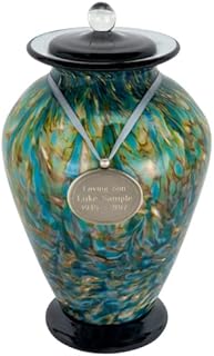 Custom Engraved Peacock Hand Blown Glass Cremation Urn for Ashes, Green Urn, Adult Sized Cremation Urn, 12.25 Inches High